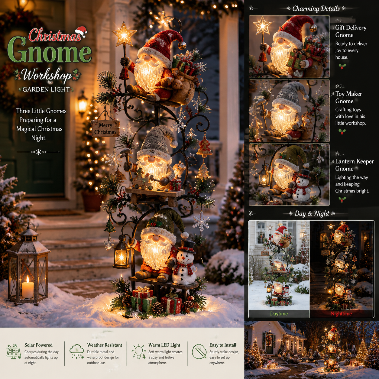 🎄✨ Christmas Gnome Workshop Solar Garden Light 🎁🌟