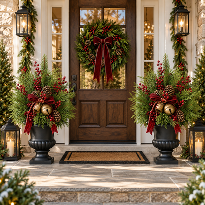 24-Inch Pre-Lit Artificial Christmas Evergreen Urn Filler with Berries, Pinecones & Vintage Bells