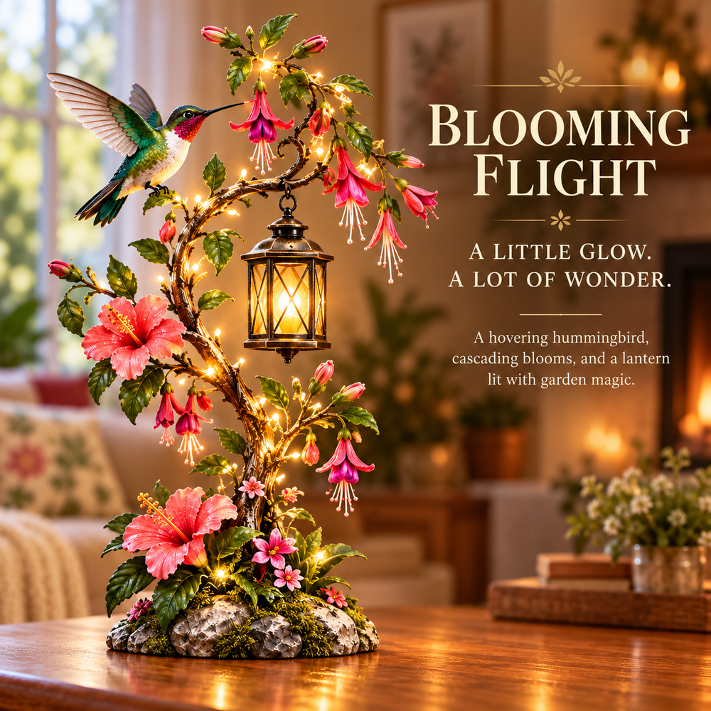Blooming Flight taller floral lantern with wings-open hummingbird, curved branches, pink blossoms and a suspended warm lantern