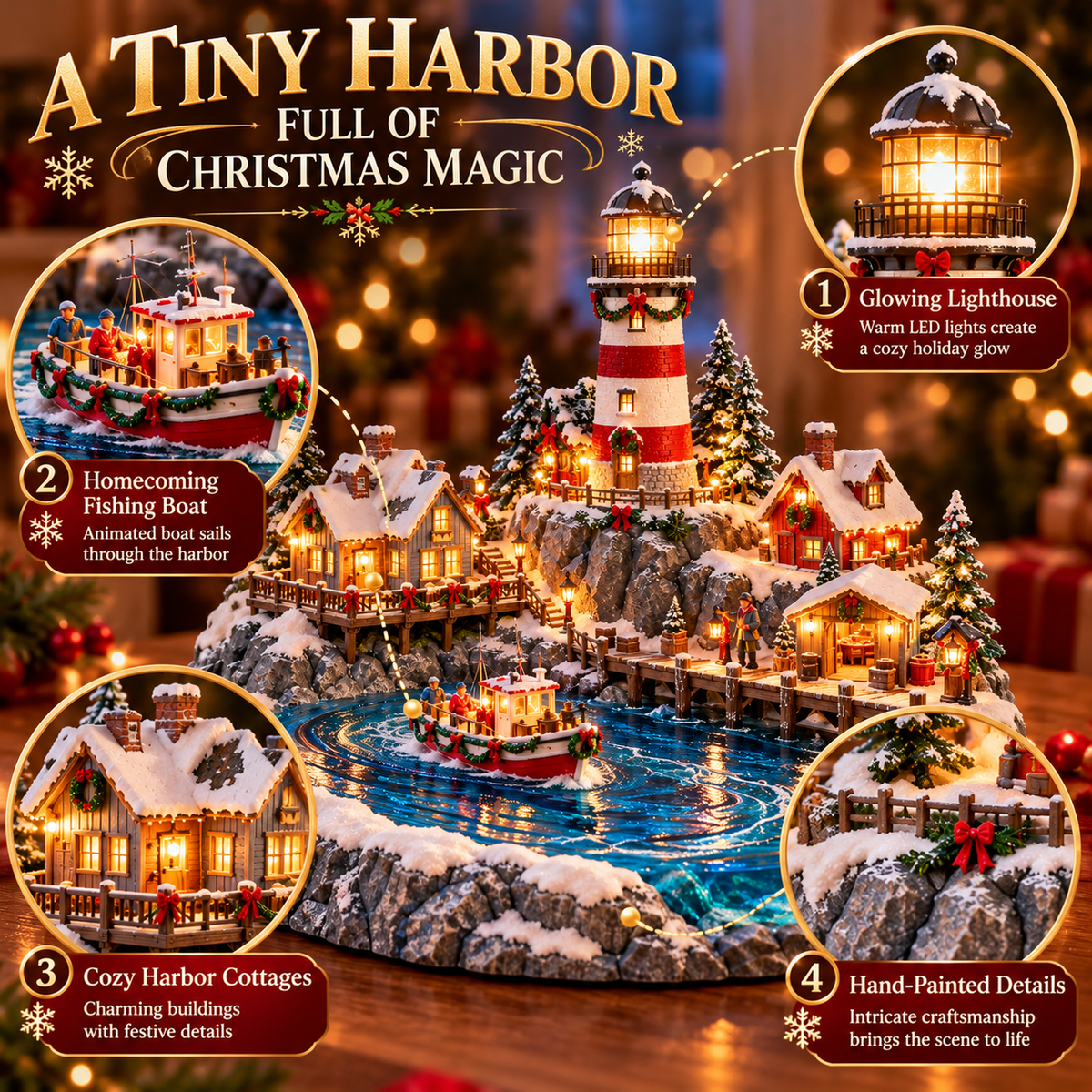 Christmas harbor product details including lighthouse, fishing boat, snowy cottages and dockside scene