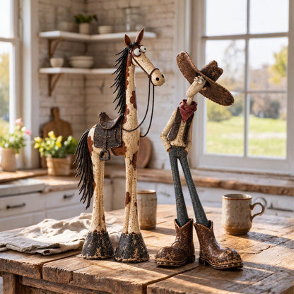 Whimsical Western Cowboy & Horse Figurine Duo 🤠🐴