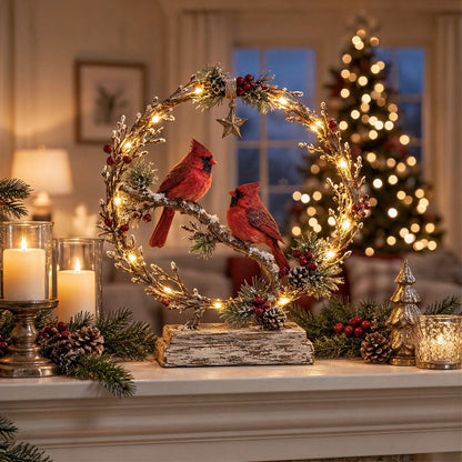 🔥🎁Lighted Cardinal Tabletop Decor, Rustic Red Cardinal Pair with Warm LED Lights