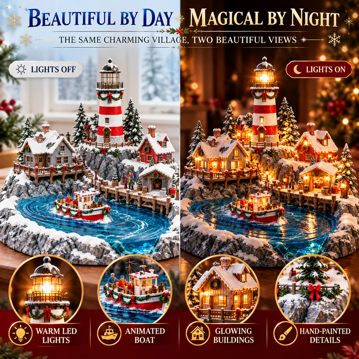 Christmas Lighthouse Village day and night comparison with lights off and on