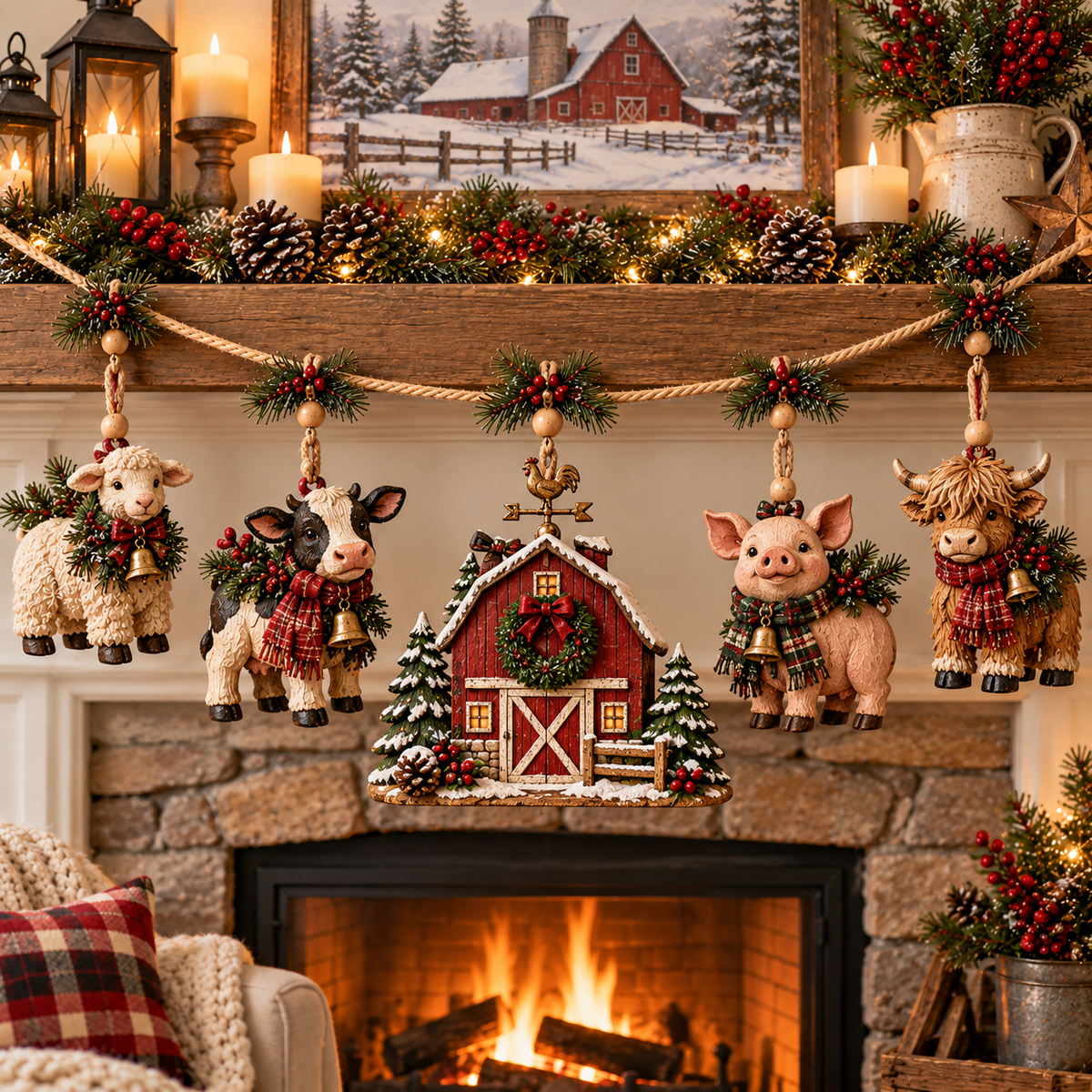 Christmas farm animal garland hanging across a rustic fireplace mantel