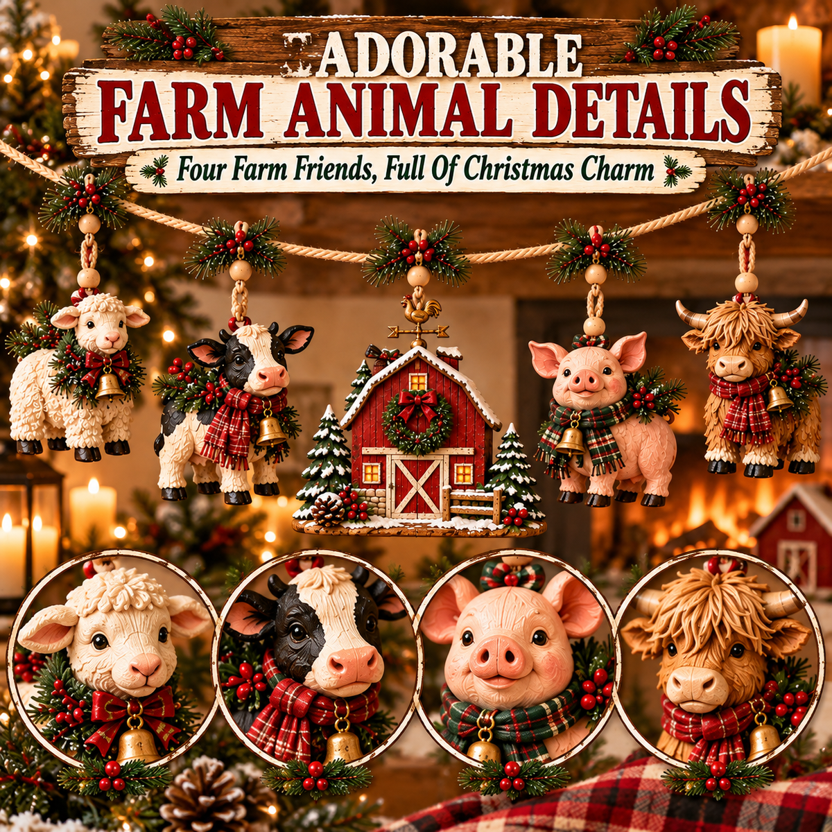 Christmas sheep cow pig and Highland cow ornament details