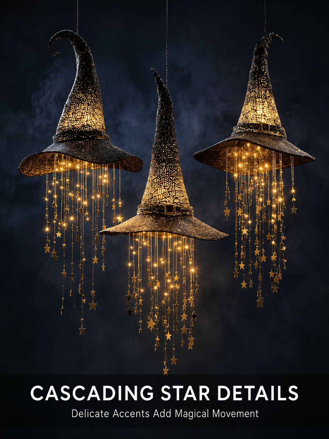 Close view of illuminated witch hats with cascading star strands