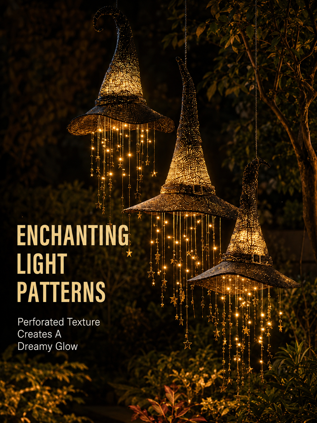Glowing textured witch hats creating warm light patterns