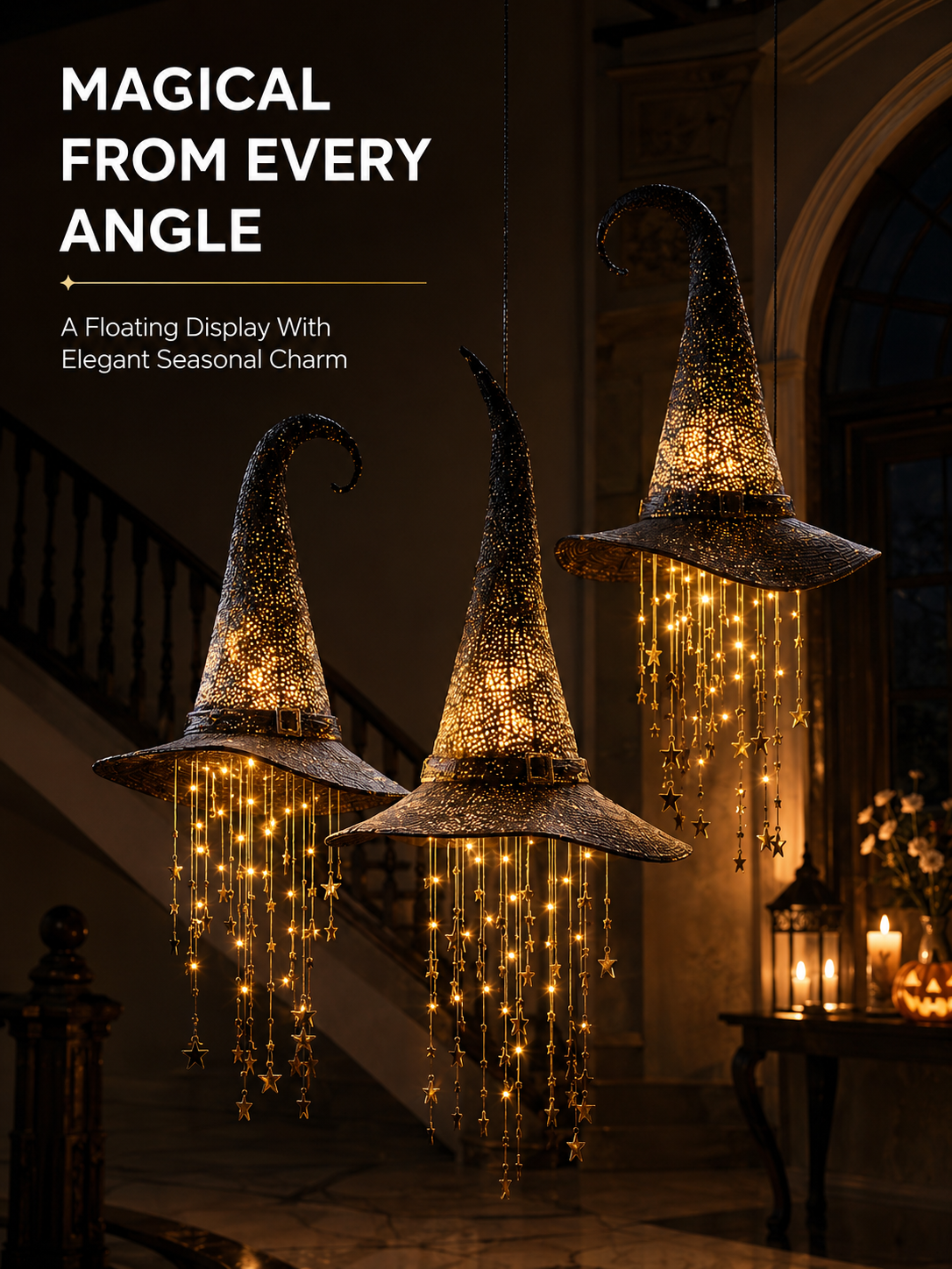 Three glowing witch hats creating a dramatic Halloween focal point
