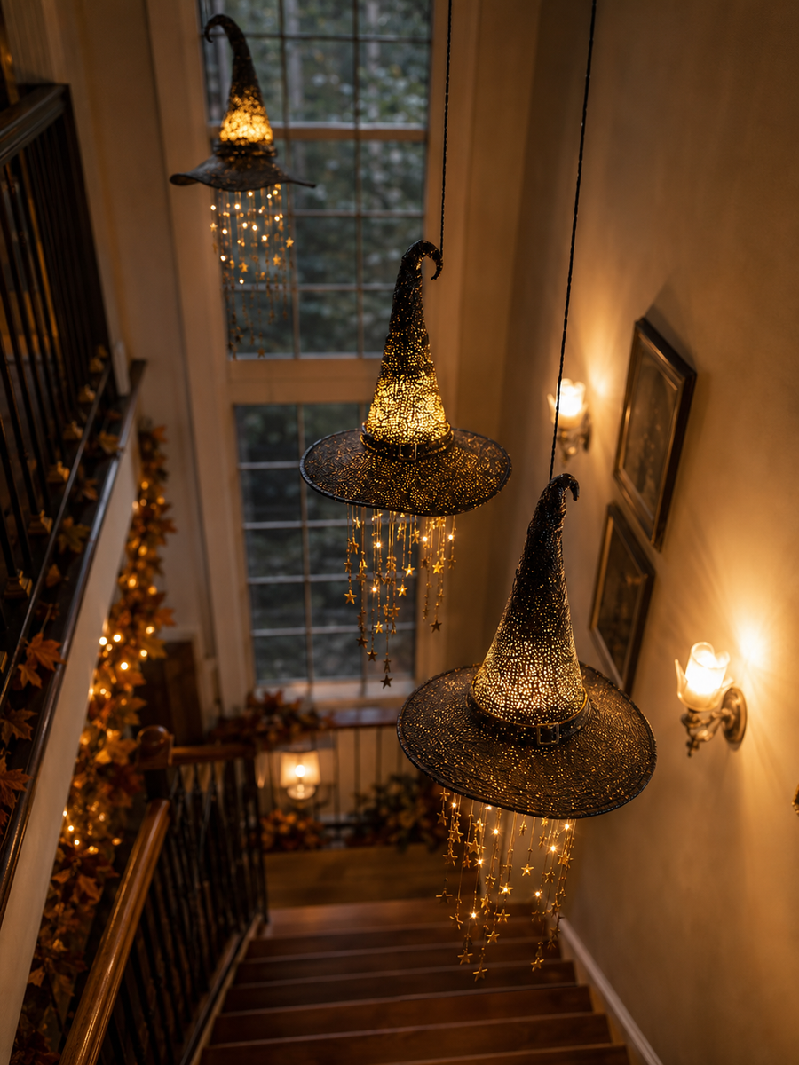Three illuminated witch hats arranged down a staircase