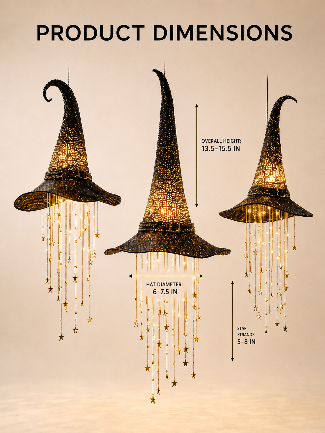 Product dimensions for the three lighted hanging witch hats