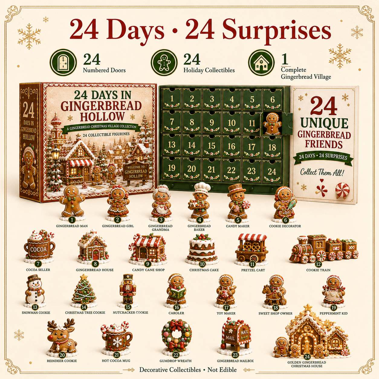 🍪🎄 24 Days in Gingerbread Hollow Advent Calendar – 24-Piece Christmas Gingerbread Village Collection