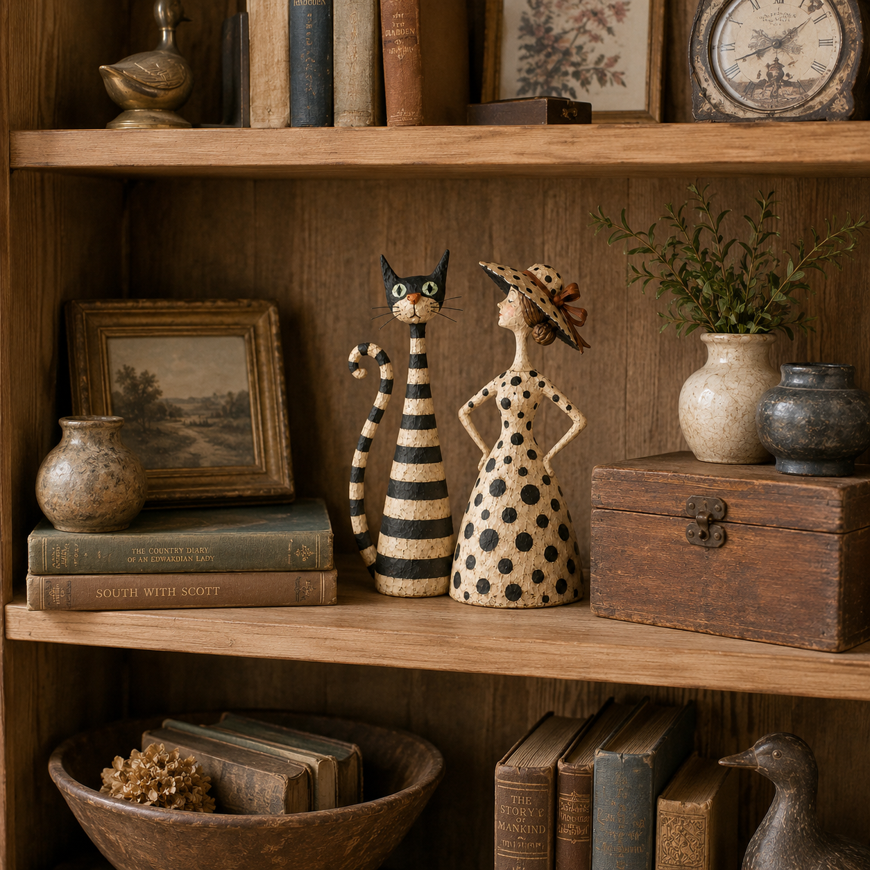 Cat and lady sculptures displayed together on shelf