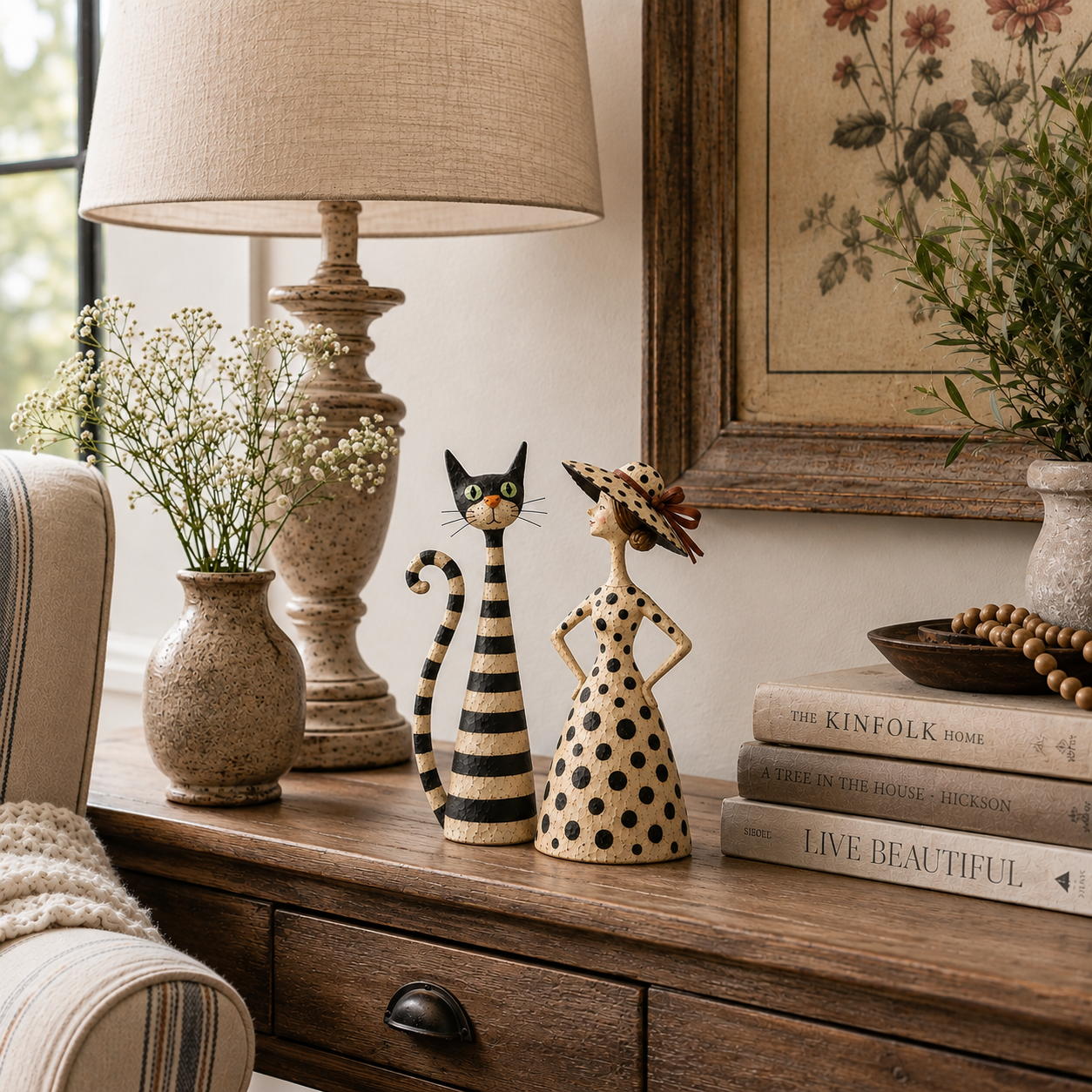 Vintage striped cat and polka dot lady sculpture duo
