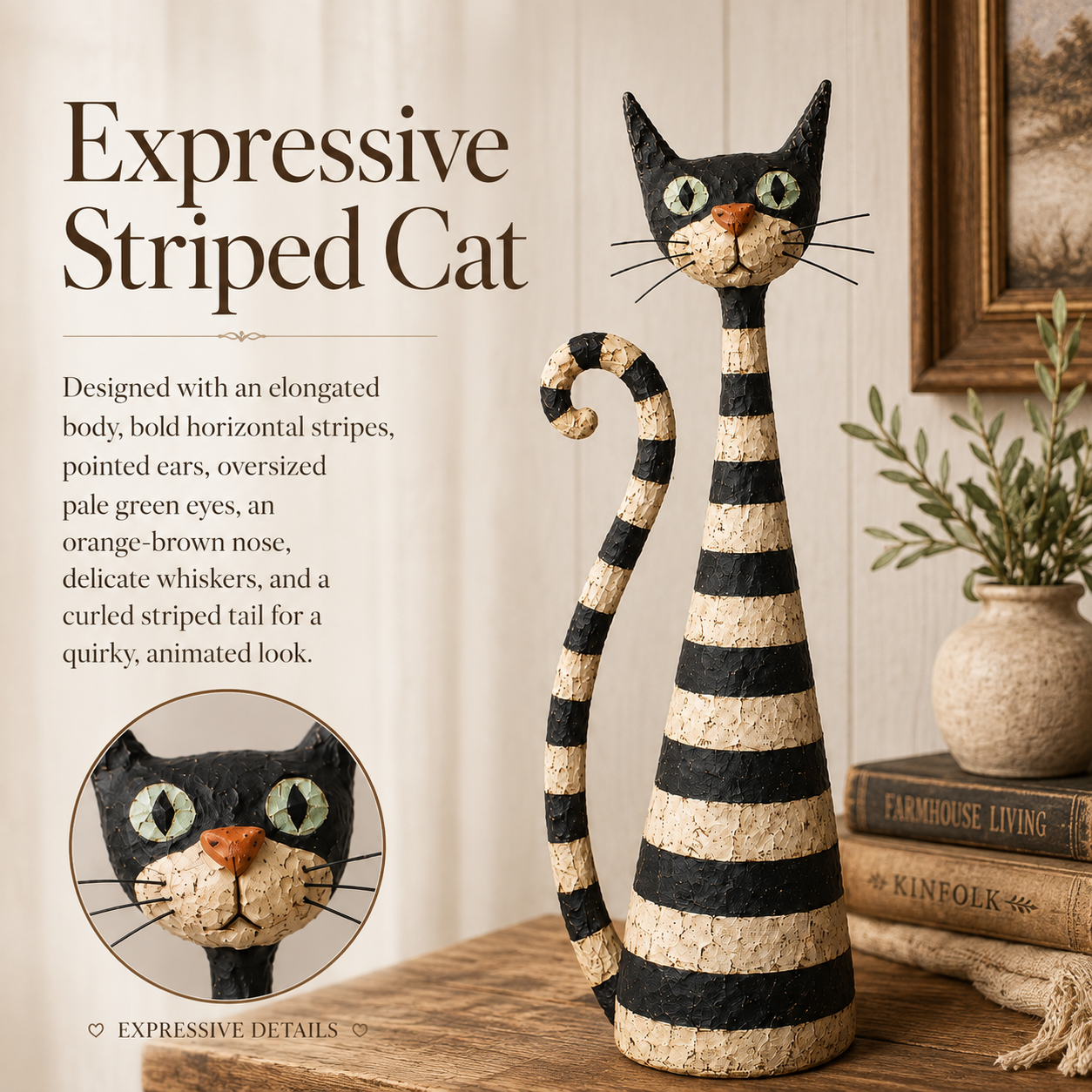 Expressive striped vintage cat sculpture