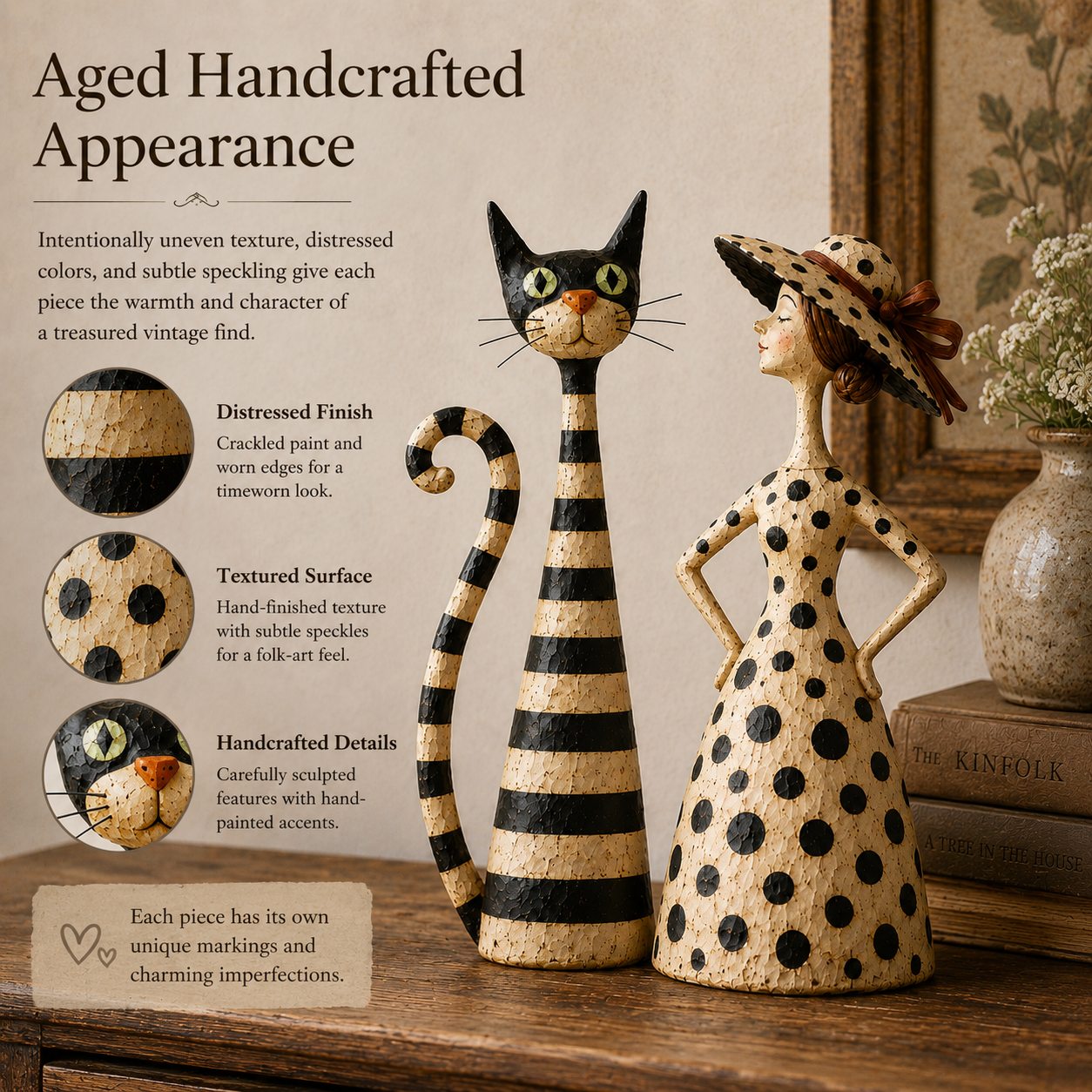 Aged vintage inspired finish on cat and lady sculptures
