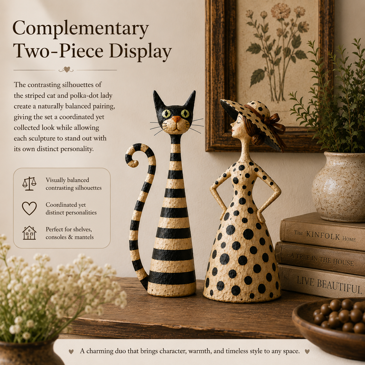 Vintage cat and lady sculptures displayed together