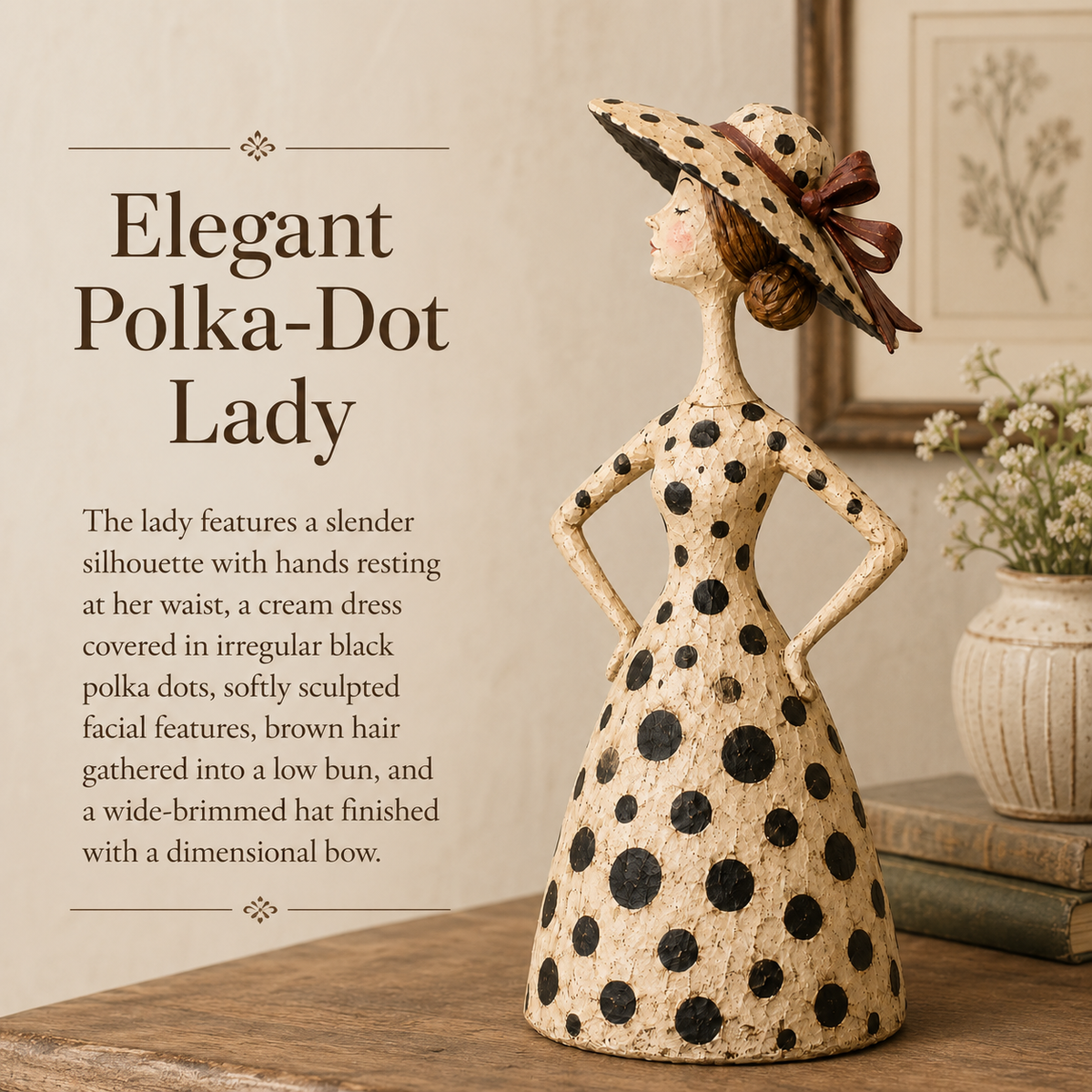 Elegant vintage polka dot lady sculpture