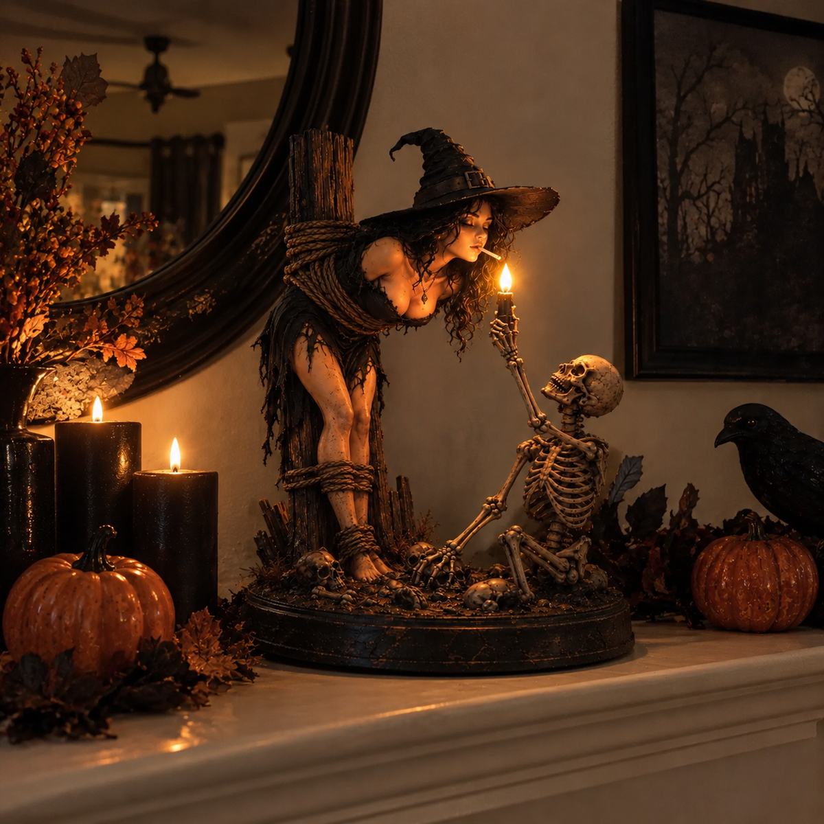 🧙 Witch & Skeleton Candle Scene Figurine – Dark Gothic Halloween Tabletop Decor