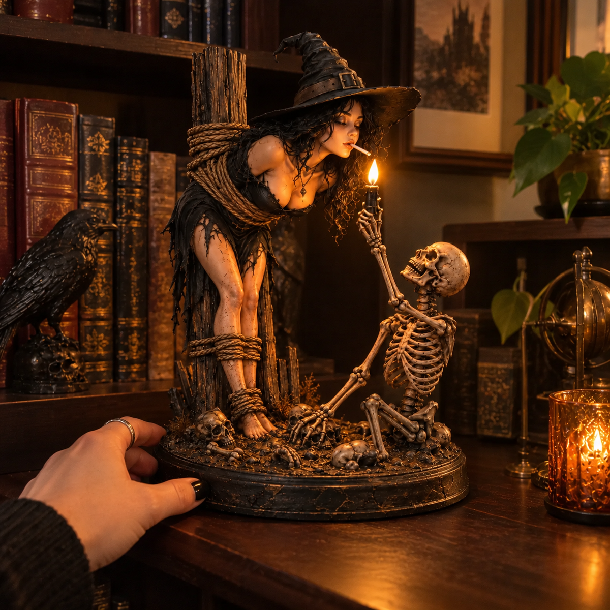 🧙 Witch & Skeleton Candle Scene Figurine – Dark Gothic Halloween Tabletop Decor