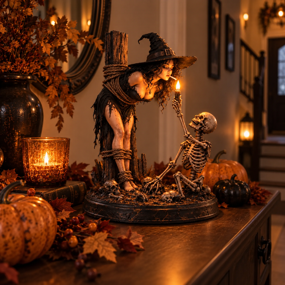 Gothic Halloween figurine on an entryway console decorated for autumn