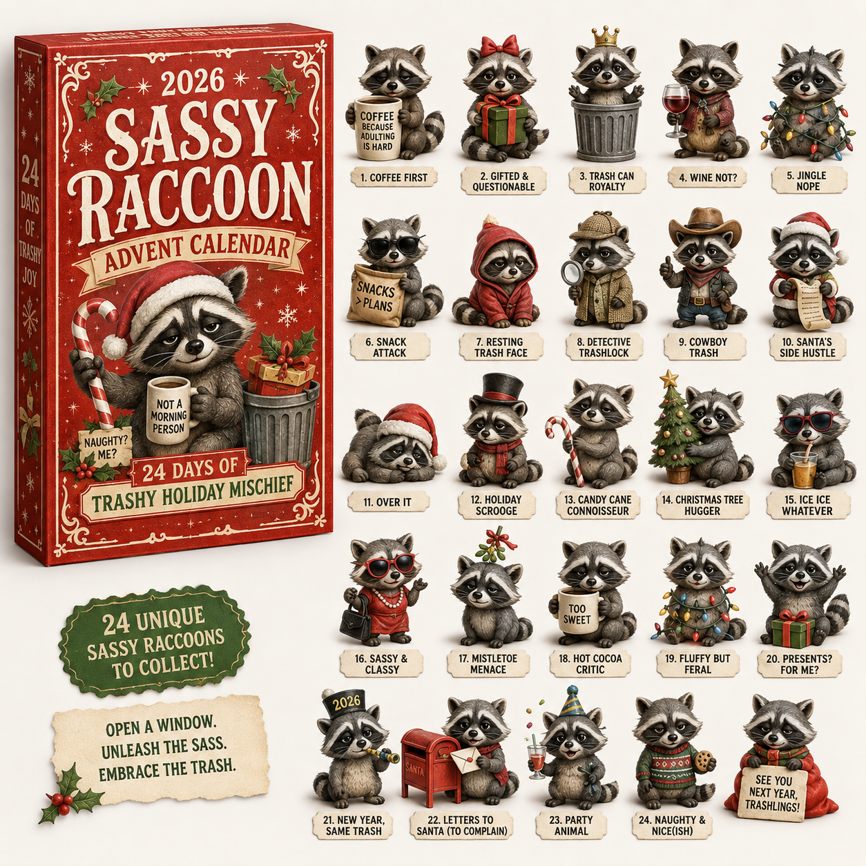 🦝🎄 2026 Sassy Raccoon Advent Calendar – 24 Days of Sarcasm & Mischief 🎁