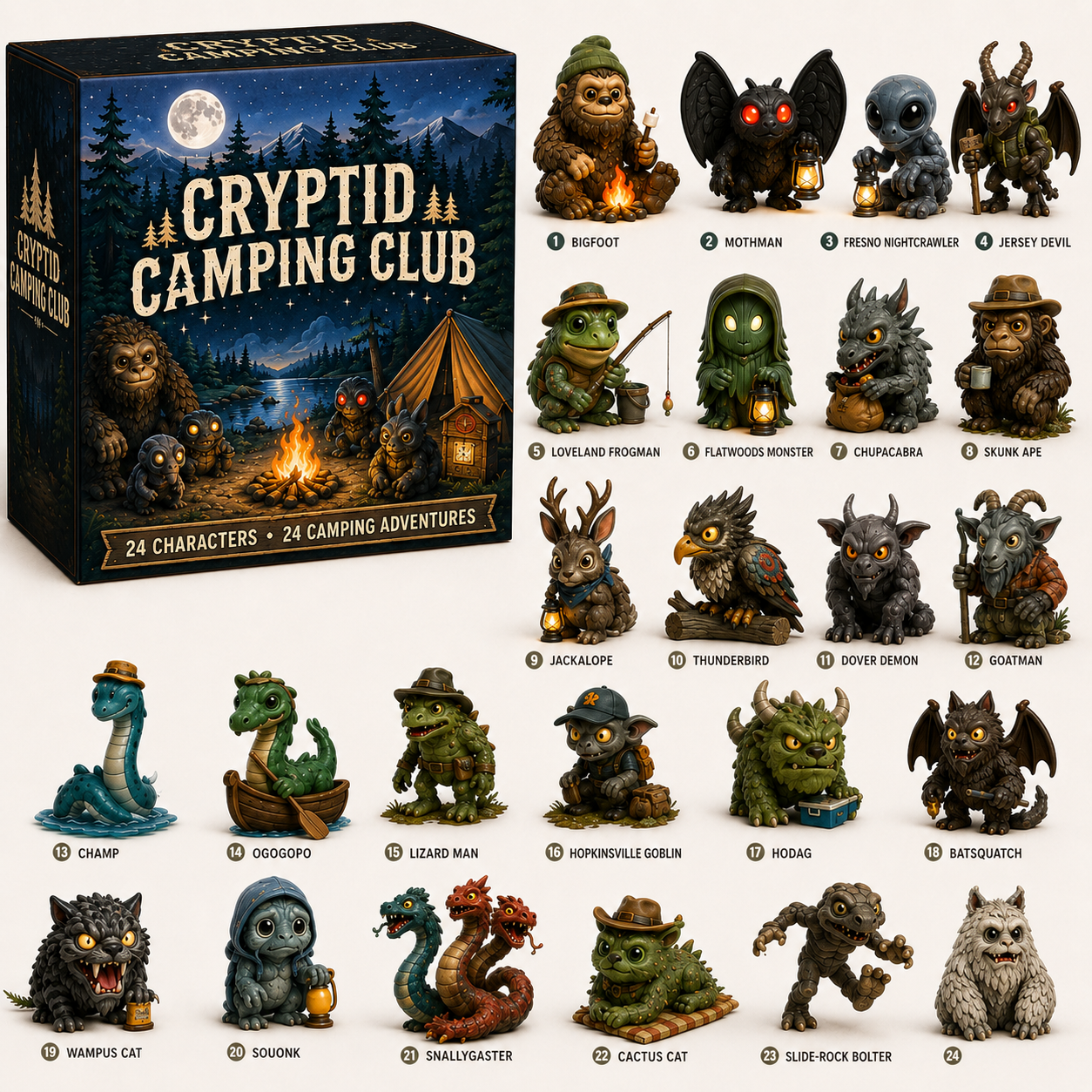 🌲 Cryptid Camping Club Blind Box – 24 Cryptids, 24 Camping Adventures 👣
