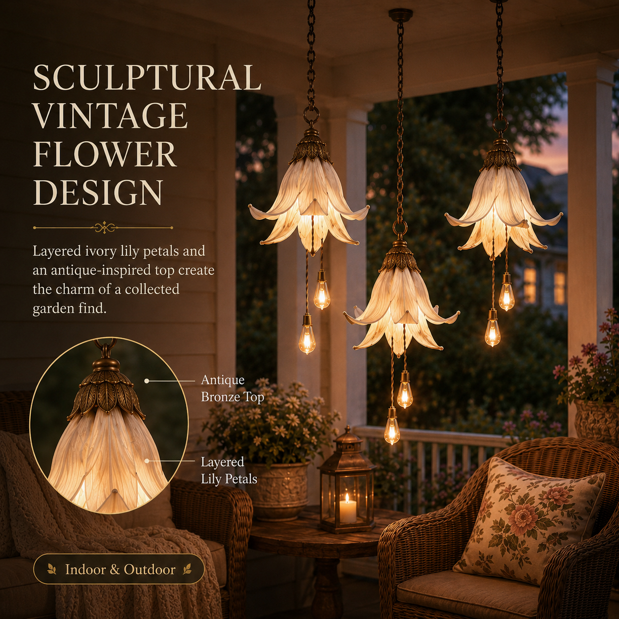 🌸  Vintage Hanging Flower Lights – Dusty Rose, Vintage Wisteria & Antique Ivory Lily | Warm Glow Garden & Patio Decor