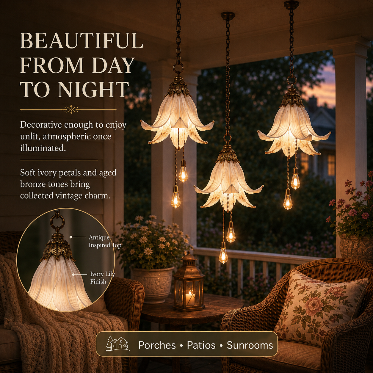 Vintage flower lights glowing on a porch from day into evening