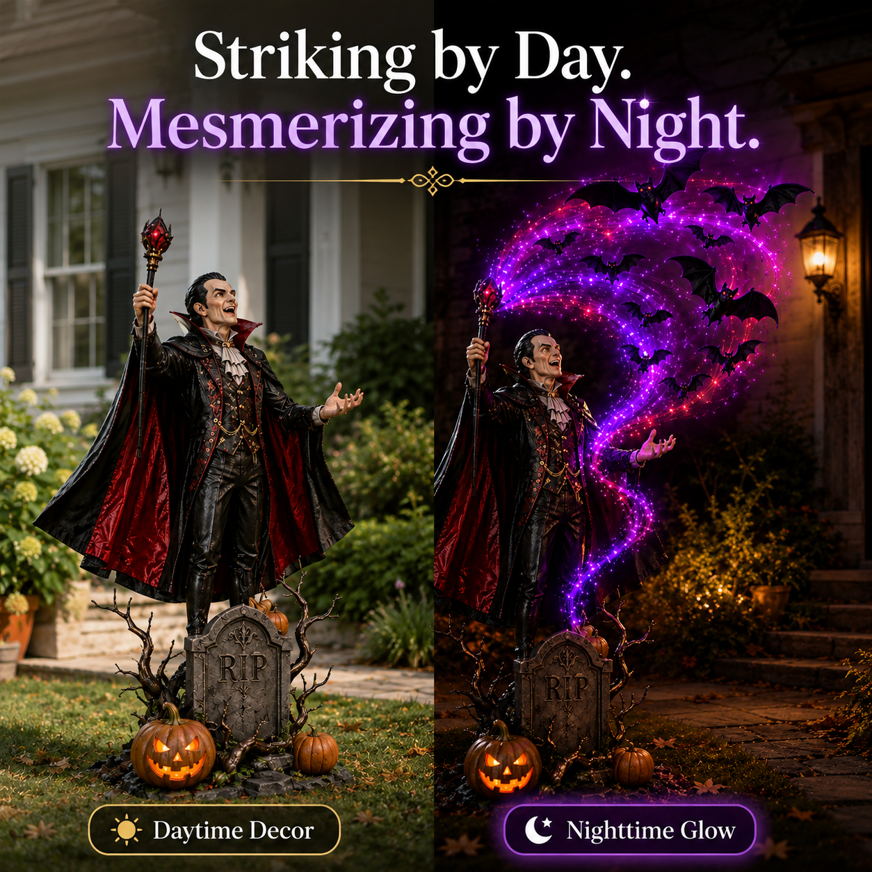 Vampire Halloween decoration daytime and nighttime comparison
