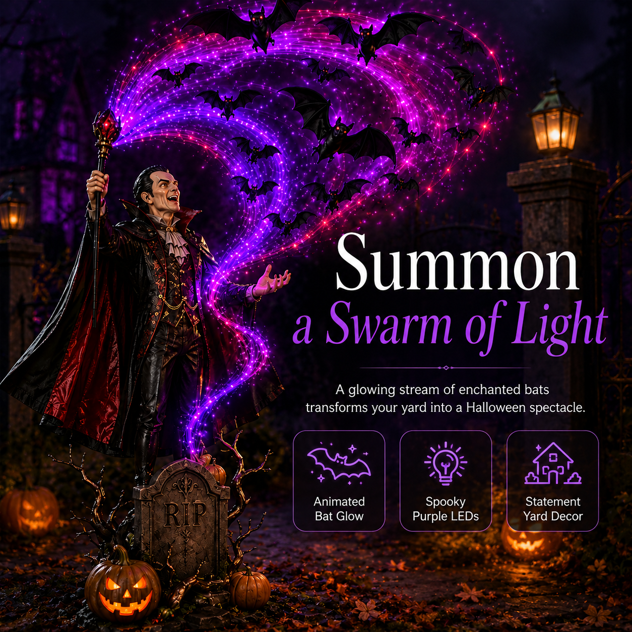 Vampire summoning bats illuminated Halloween display