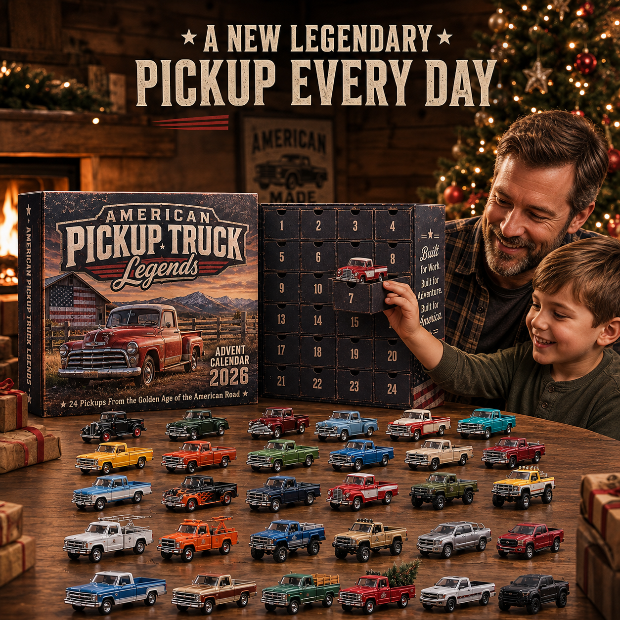 Boy opening a pickup truck from the Advent Calendar with his father