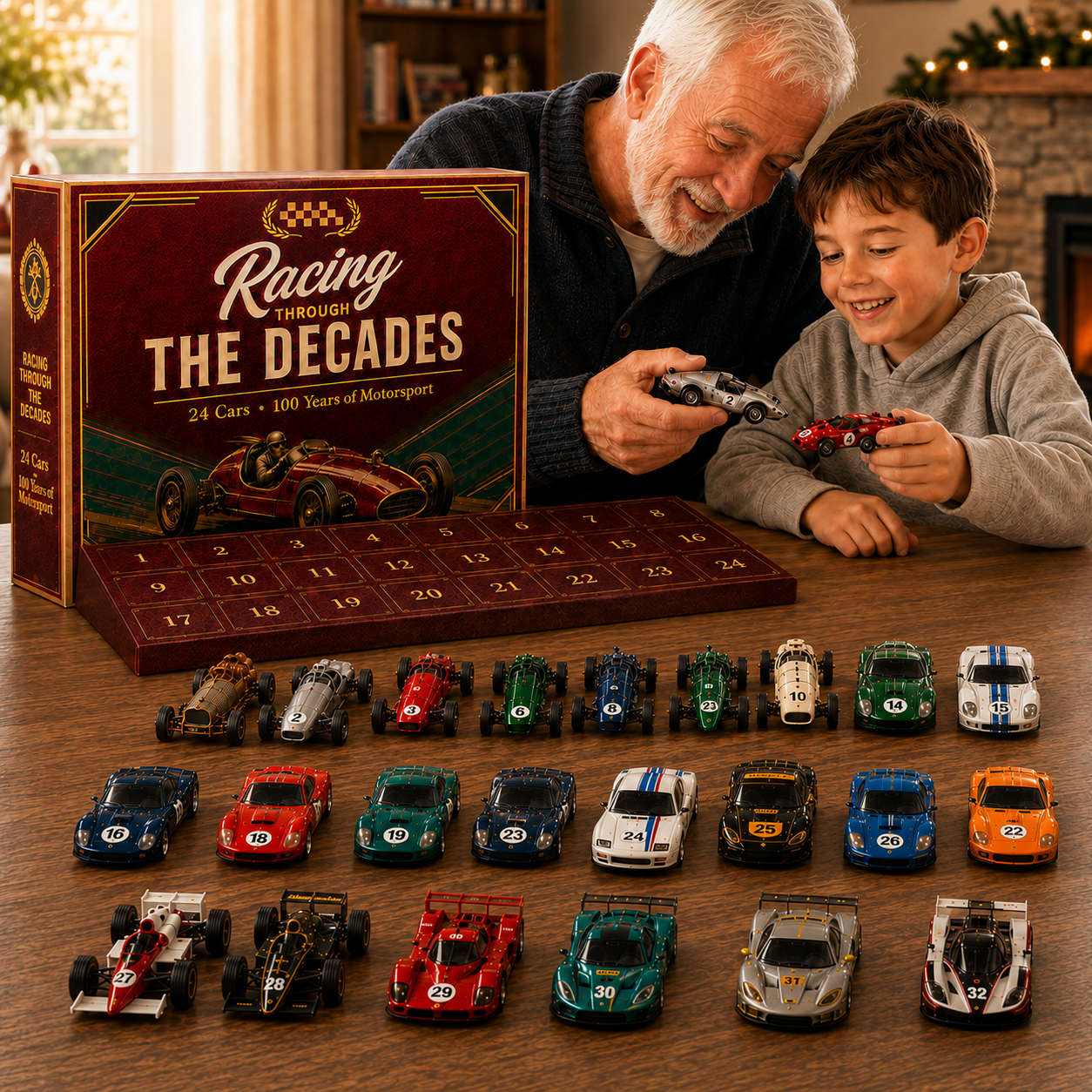 Grandfather and grandson enjoying miniature racing cars