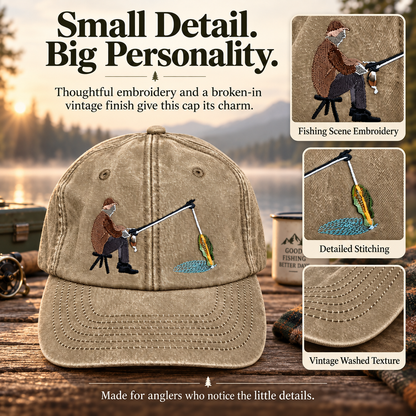 🎣 Catch of the Day Interactive Fishing Cap –🎁 Vintage Washed Moving Fish Hat
