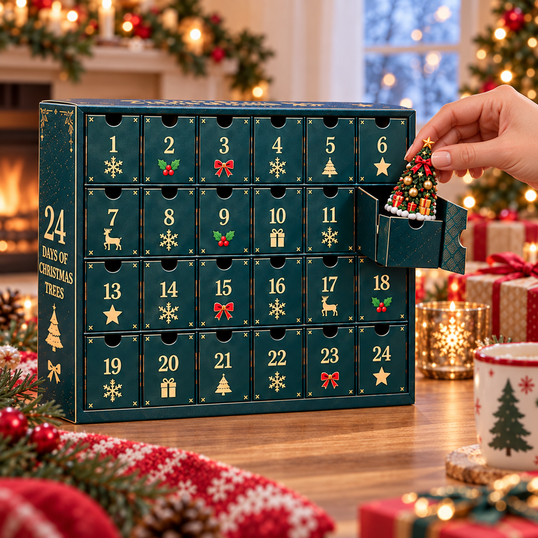 Opening a drawer to reveal a miniature Christmas tree