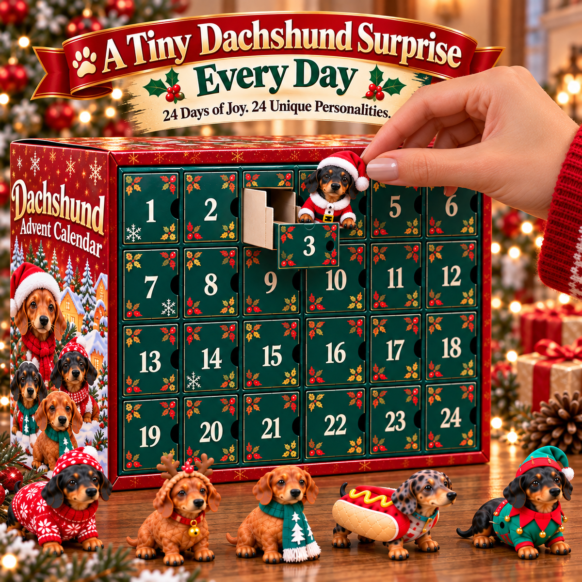🎄 24 Days of Dachshund Joy™ – Christmas Advent Calendar with 24 Collectible Dachshund Figurines