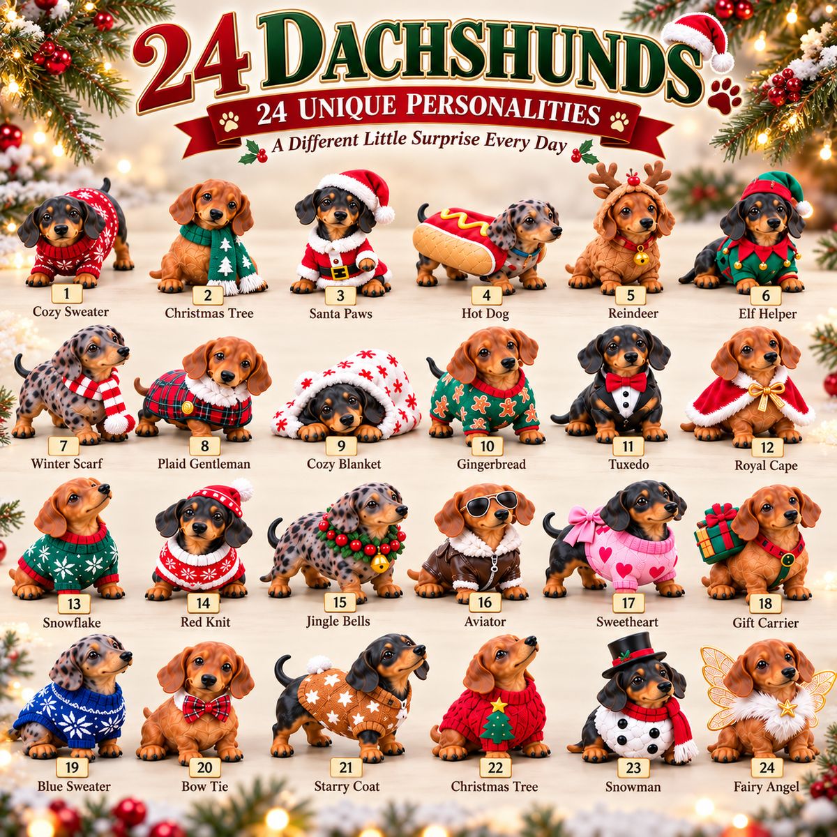 🎄 24 Days of Dachshund Joy™ – Christmas Advent Calendar with 24 Collectible Dachshund Figurines