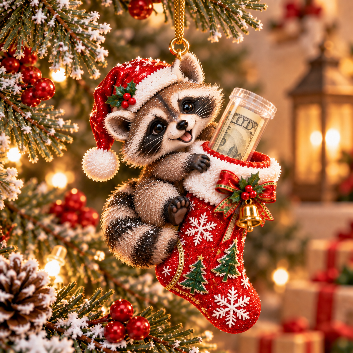 Raccoon Christmas cash stocking ornament