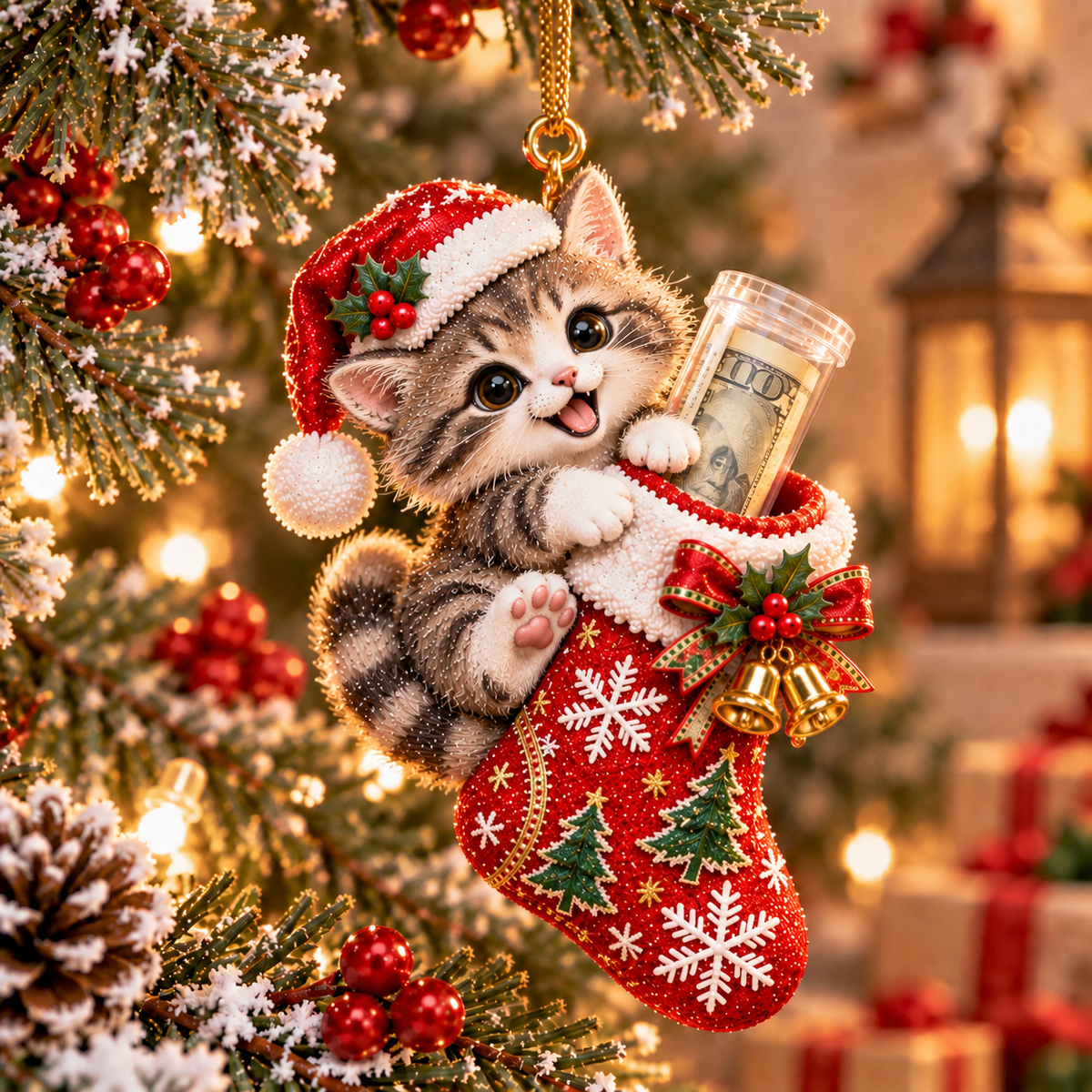 Cat Christmas cash stocking ornament