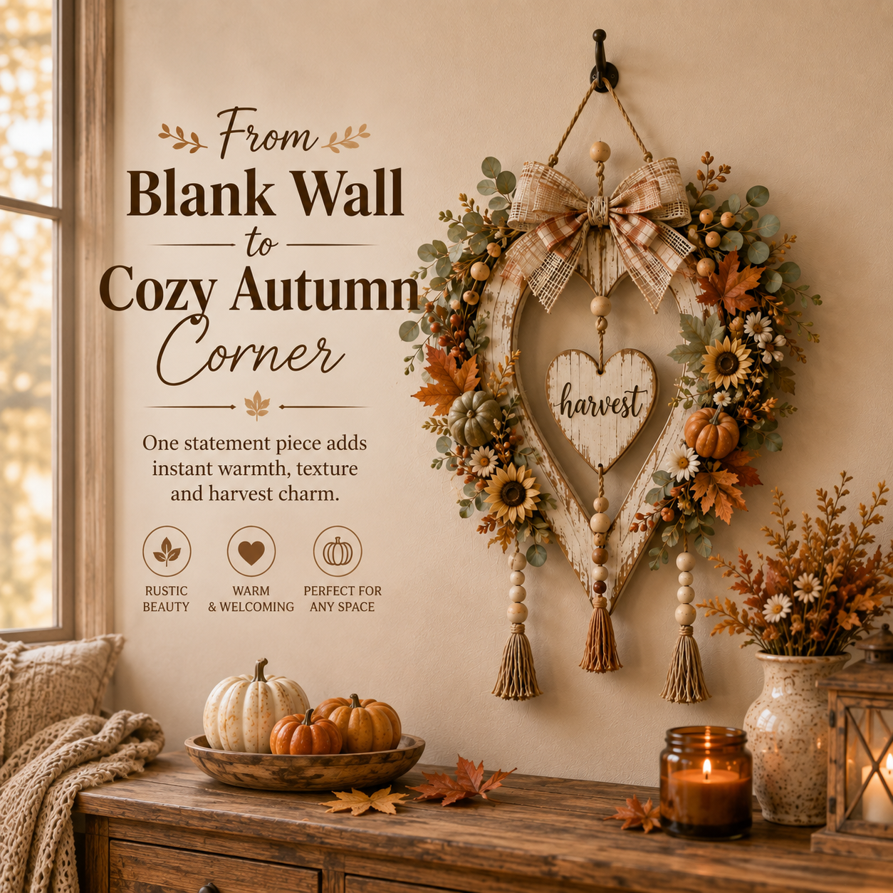 Cozy autumn farmhouse wall transformed with Harvest Heart decor