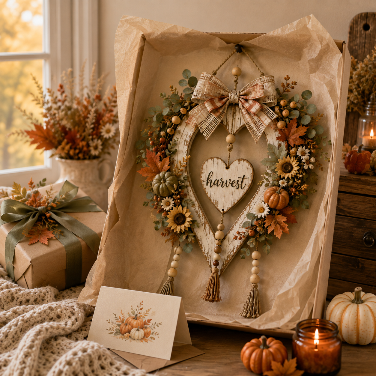 Harvest Heart farmhouse decor presented as a fall gift