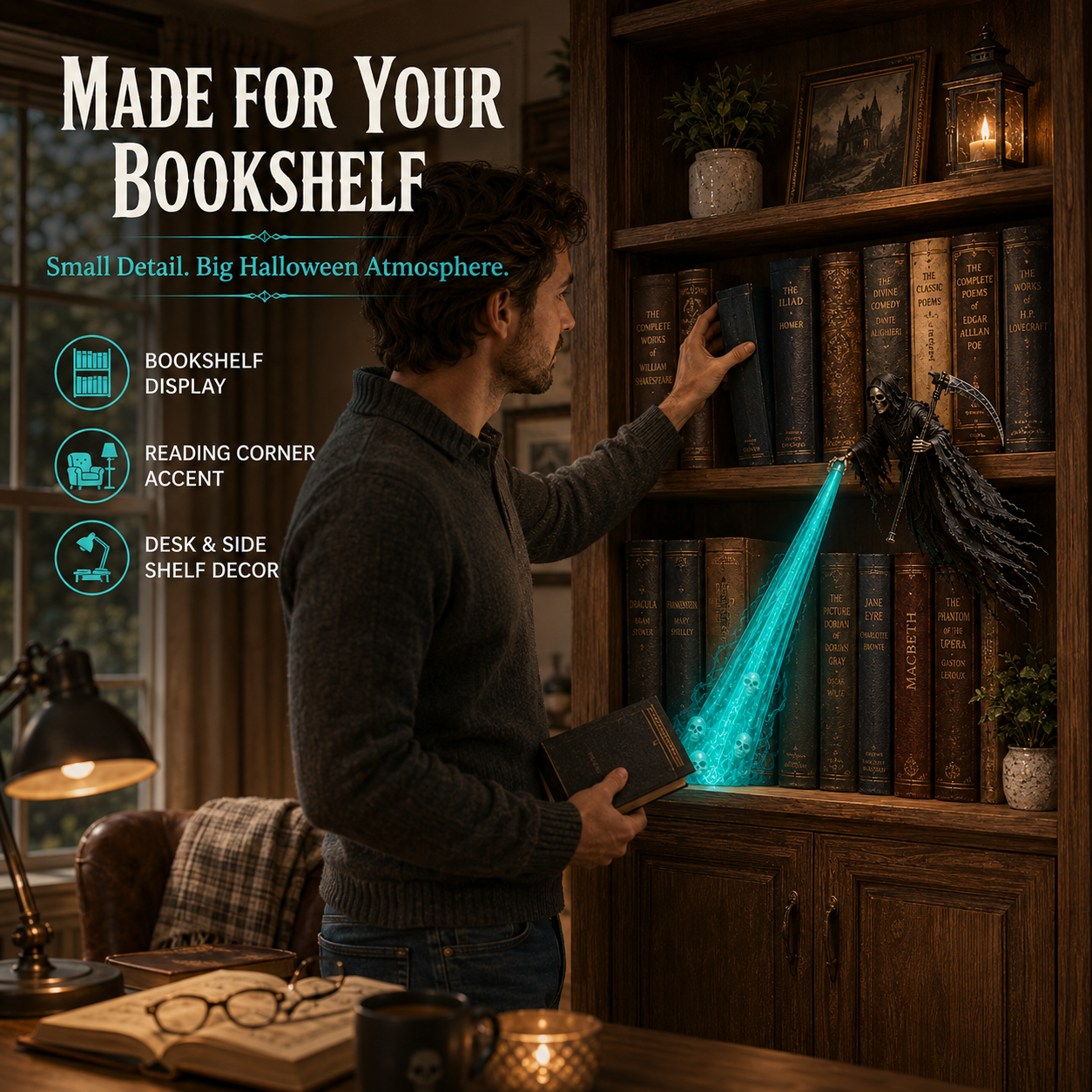 Soul Collector haunted bookshelf display