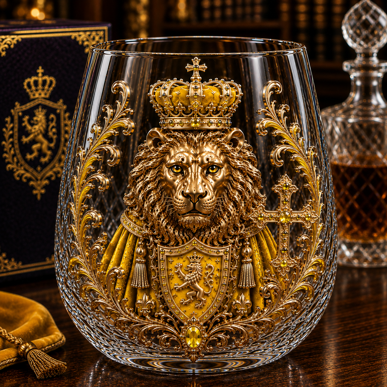 🦁👑 3D Royal Lion Glass Art Cup | Luxury Raised Whiskey Glass with Crowned Lion Design, Collectible Barware & Gift for Whiskey Lovers