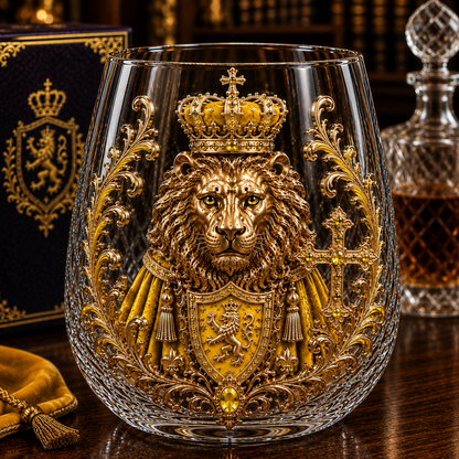 🦁👑 3D Royal Lion Glass Art Cup | Luxury Raised Whiskey Glass with Crowned Lion Design, Collectible Barware & Gift for Whiskey Lovers