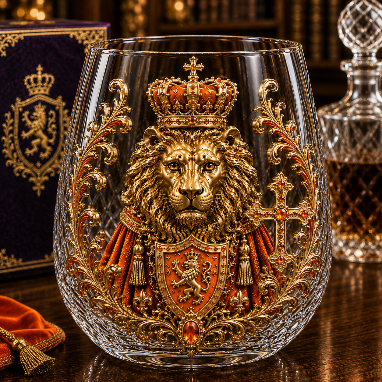 🦁👑 3D Royal Lion Glass Art Cup | Luxury Raised Whiskey Glass with Crowned Lion Design, Collectible Barware & Gift for Whiskey Lovers