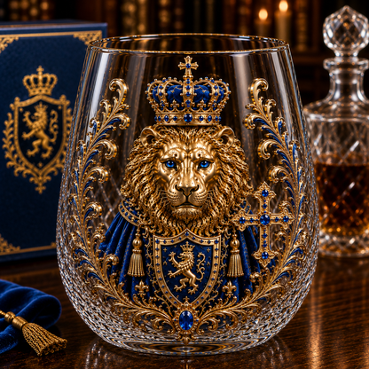 🦁👑 3D Royal Lion Glass Art Cup | Luxury Raised Whiskey Glass with Crowned Lion Design, Collectible Barware & Gift for Whiskey Lovers