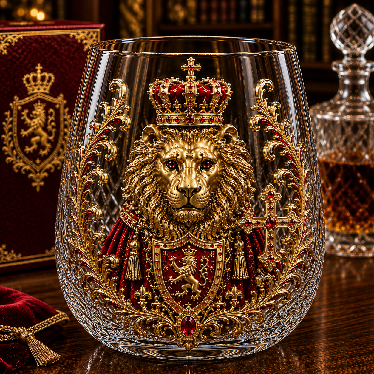 🦁👑 3D Royal Lion Glass Art Cup | Luxury Raised Whiskey Glass with Crowned Lion Design, Collectible Barware & Gift for Whiskey Lovers