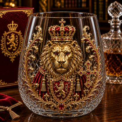🦁👑 3D Royal Lion Glass Art Cup | Luxury Raised Whiskey Glass with Crowned Lion Design, Collectible Barware & Gift for Whiskey Lovers