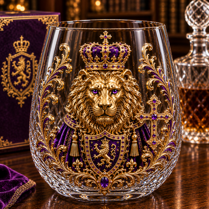 🦁👑 3D Royal Lion Glass Art Cup | Luxury Raised Whiskey Glass with Crowned Lion Design, Collectible Barware & Gift for Whiskey Lovers