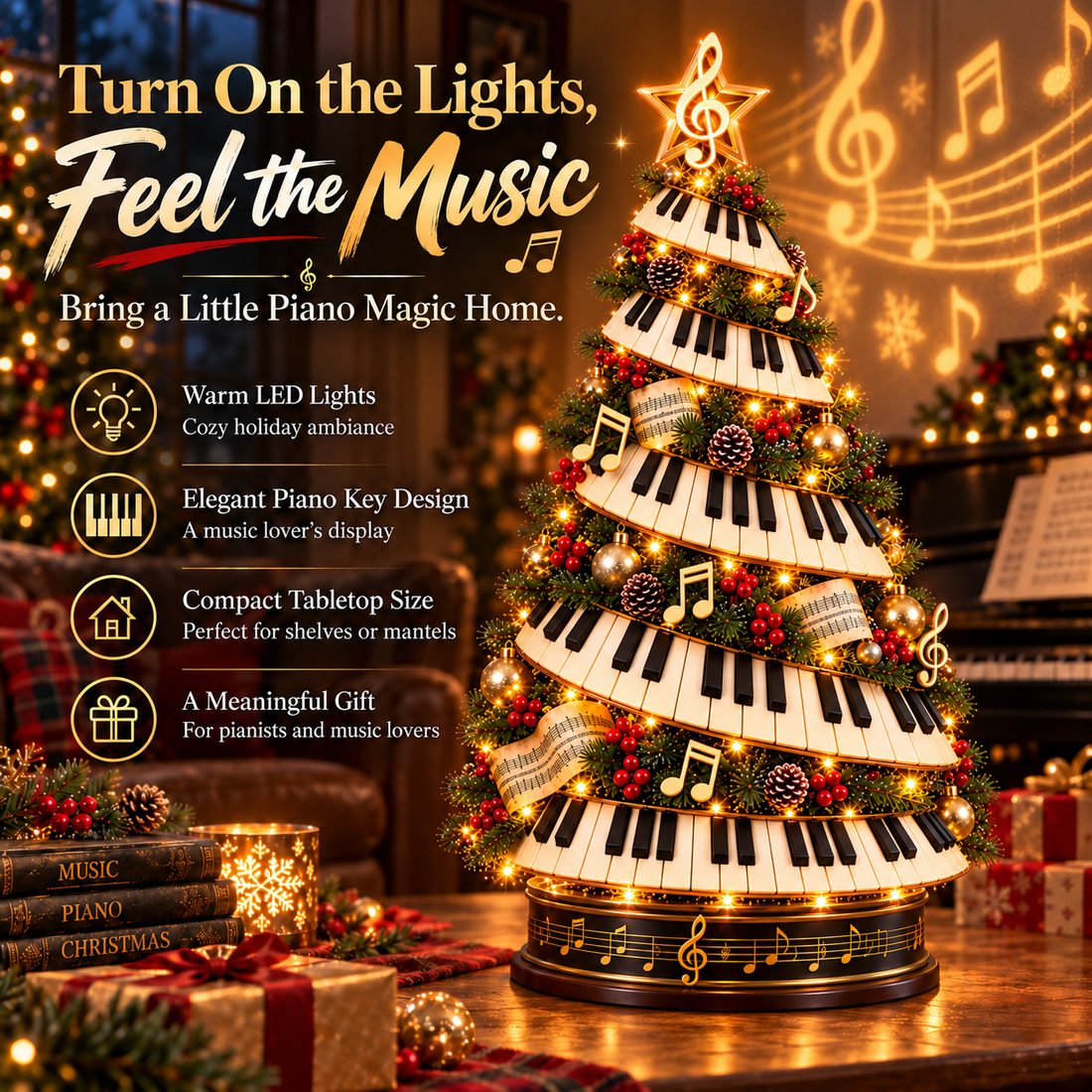 Piano-key ribbon Christmas tree decoration with traditional greenery and musical details