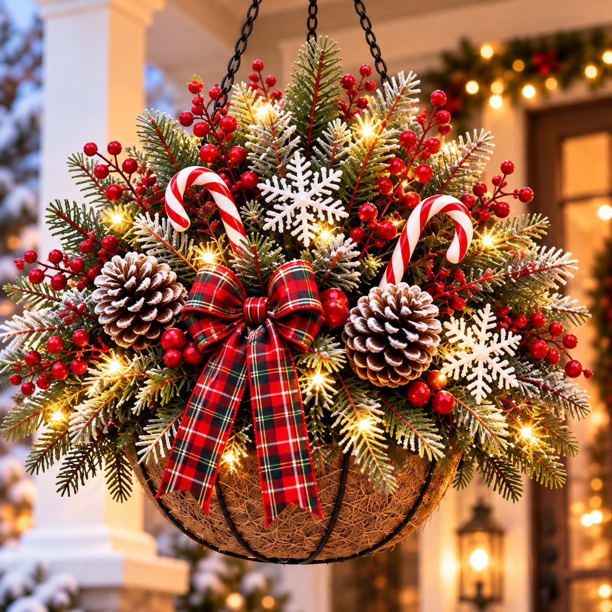 Candy Cane Snowfall basket with plaid ribbon, red berries, snowflakes and pinecones